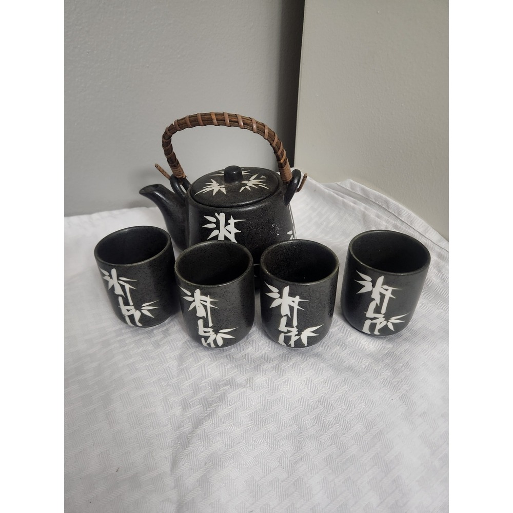 Black Ceramic Bamboo Tea Set with Rattan Handle 4 Cups and Infuser Japanese